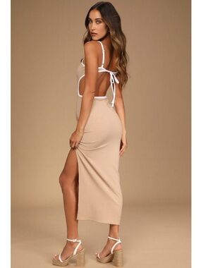 Lulu's Beige Midi Dress with White Tie-Back Detail